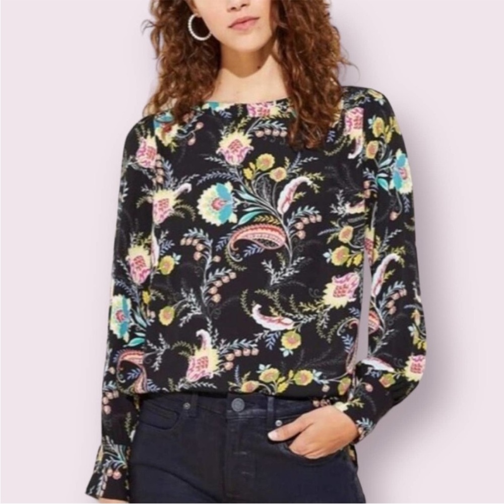 LOFT Floral Paisley Blouse‎ Black Long Sleeve Puff Balloon Boho Flowy Size S